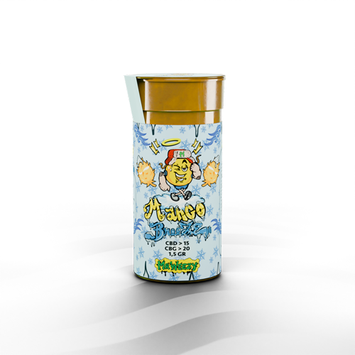 Primo piano del Mango Breeze di Mr Weezy, mostrando la texture morbida e malleabile della resina con sfumature di giallo dorato che evocano il sapore di mango tropicale, su uno sfondo che esalta i colori vivaci e gli aromi agrumati del prodotto CBD Hash